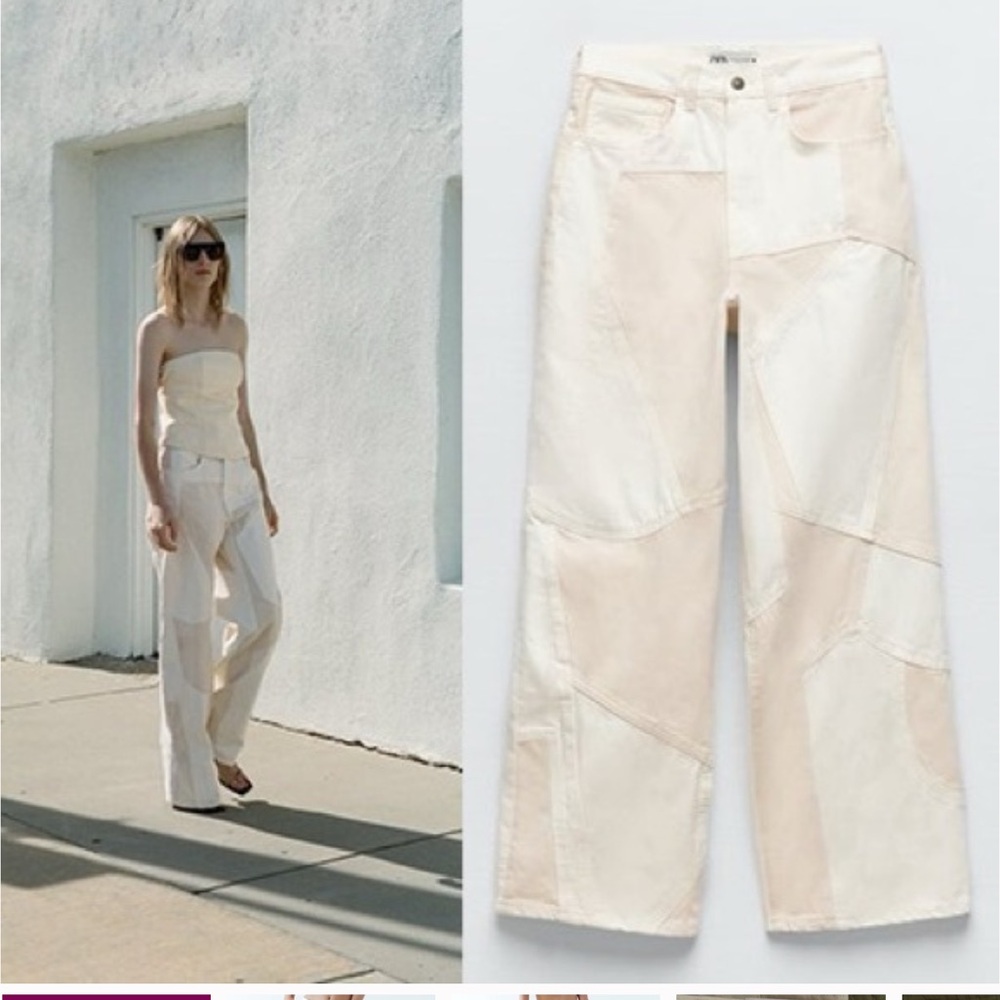 Zara woman’s Patchwork Wide-Leg Pants in Cream and White - Picture 2 of 12
